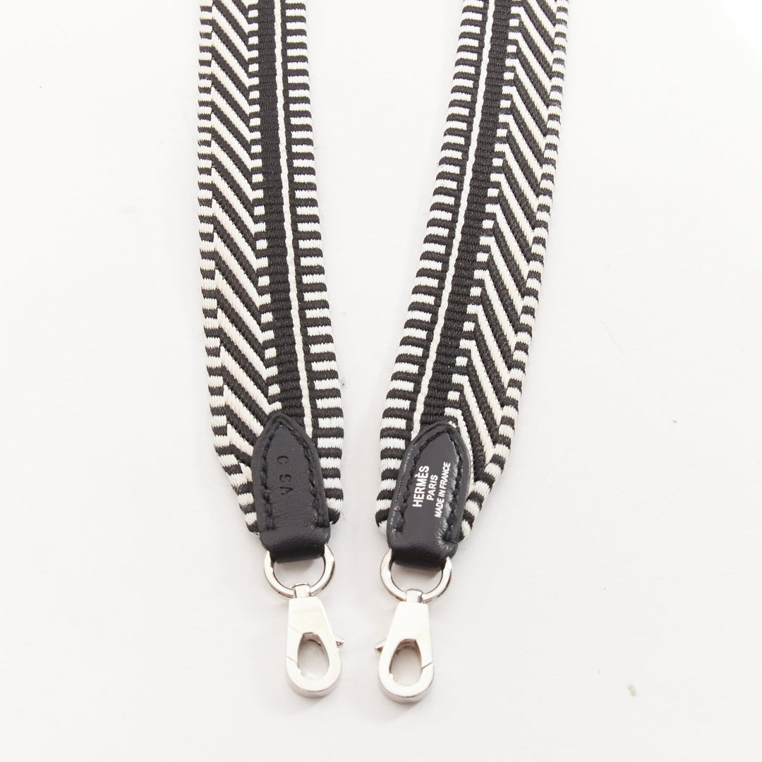 HERMES Sangle 25 black white chevron stripes woven silver hardware bag strap