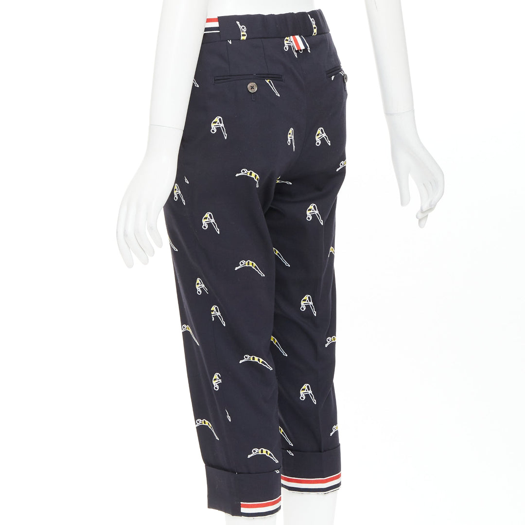 THOM BROWNE navy blue cotton yellow diver embroidery cropped chino pants US0 XS