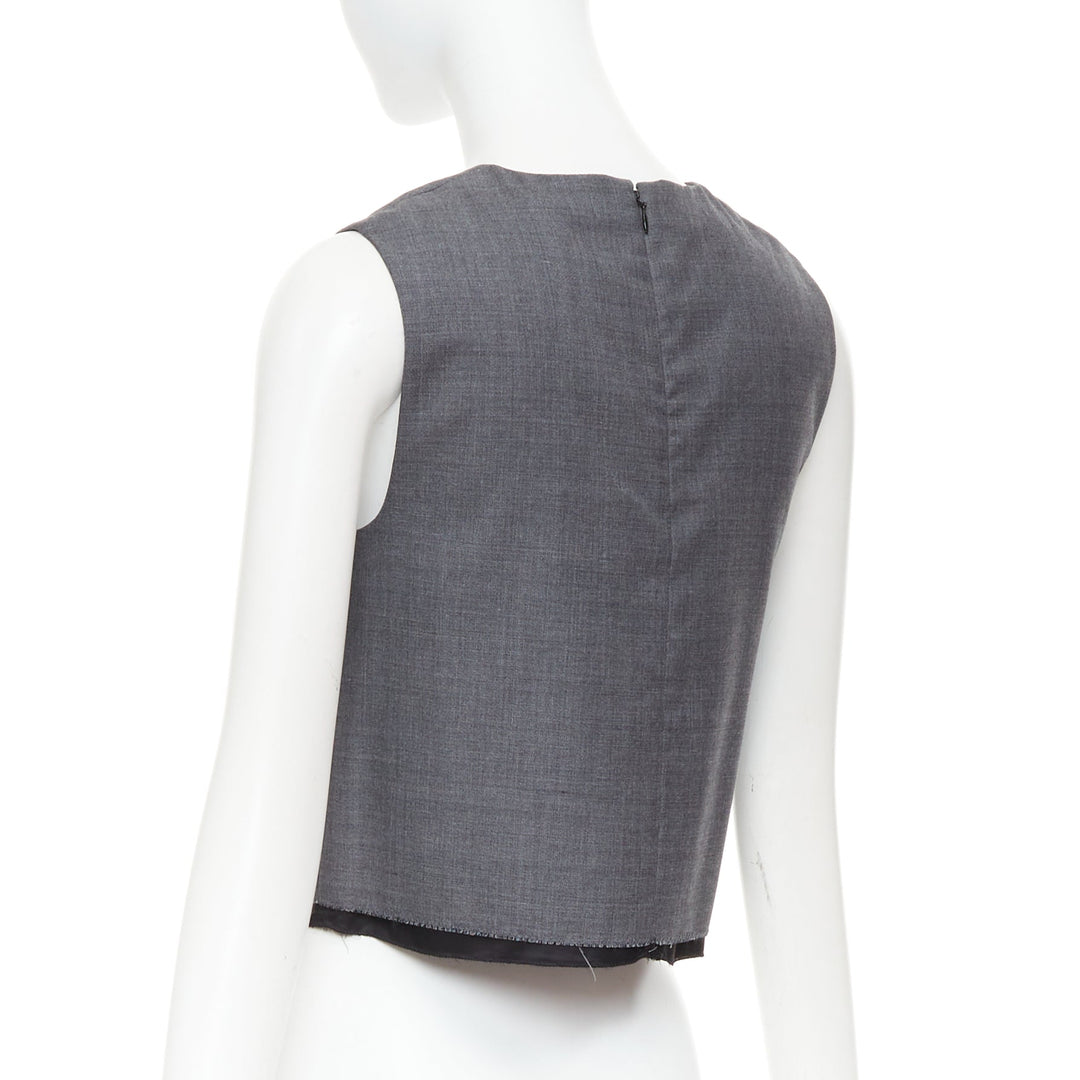 MIU MIU 2022 Runway grey virgin wool Grisaille logo crop top IT36 XXS