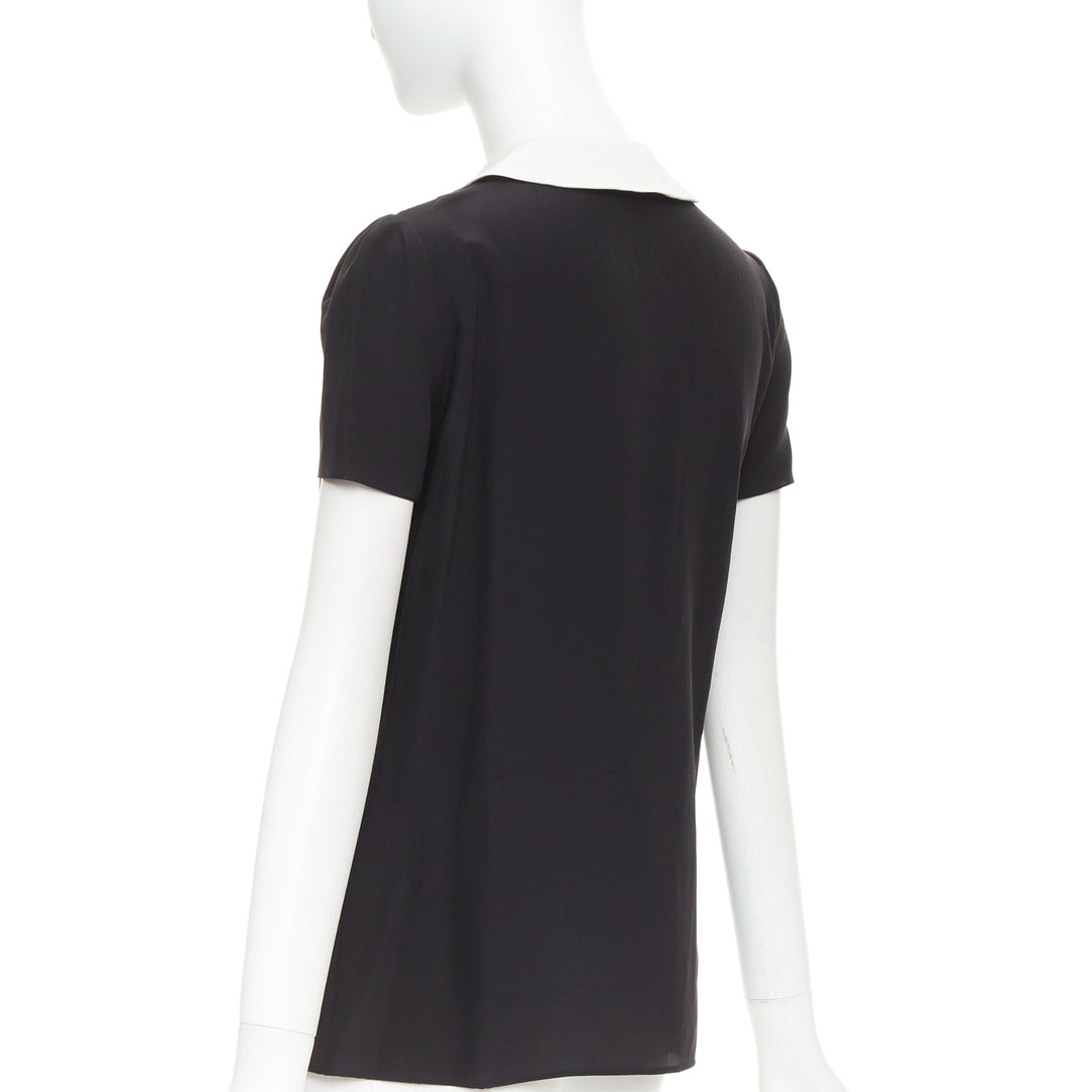 SAINT LAURENT 2014 black cream silk peter pan collar cap sleeve blouse FR36 S