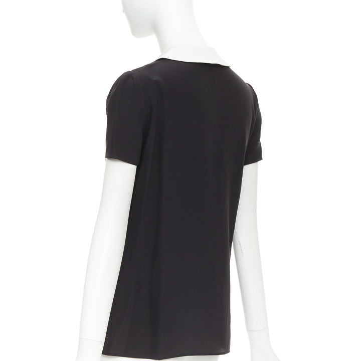 SAINT LAURENT 2014 black cream silk peter pan collar cap sleeve blouse FR36 S
