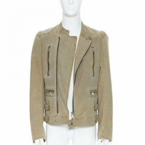 BALMAIN beige khaki washed gridwork cotton asymmetric zip biker jacket L