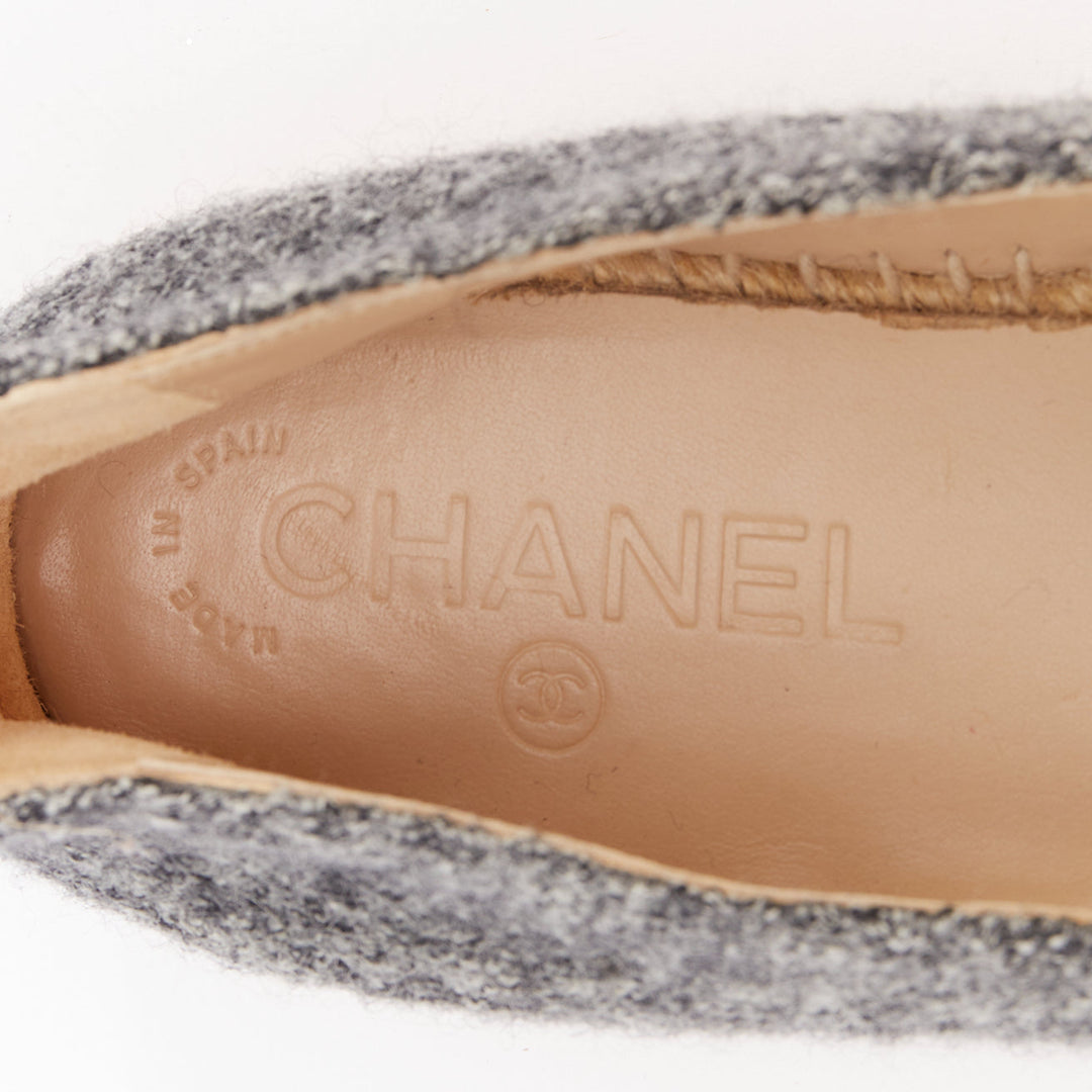 CHANEL 2021 grey wool felt black CC velvet applique espadrille flats EU39