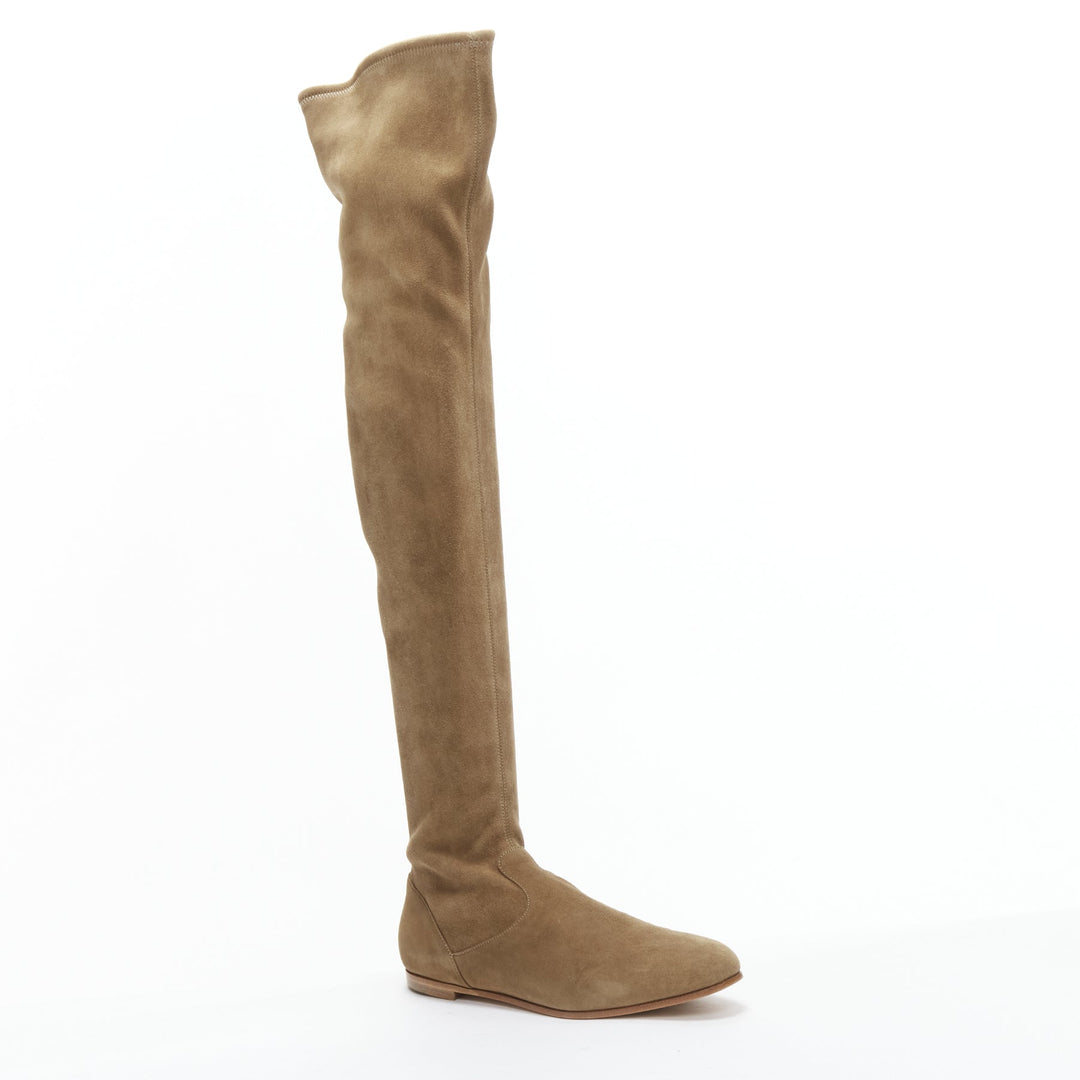 GIANVITO ROSSI Camoscio brown suede flat thigh high boots EU37