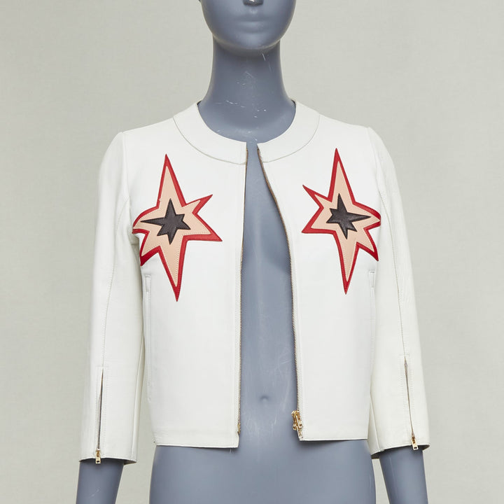 MIU MIU 2011 white lambskin leather red star patchwork crop moto jacket IT40 S