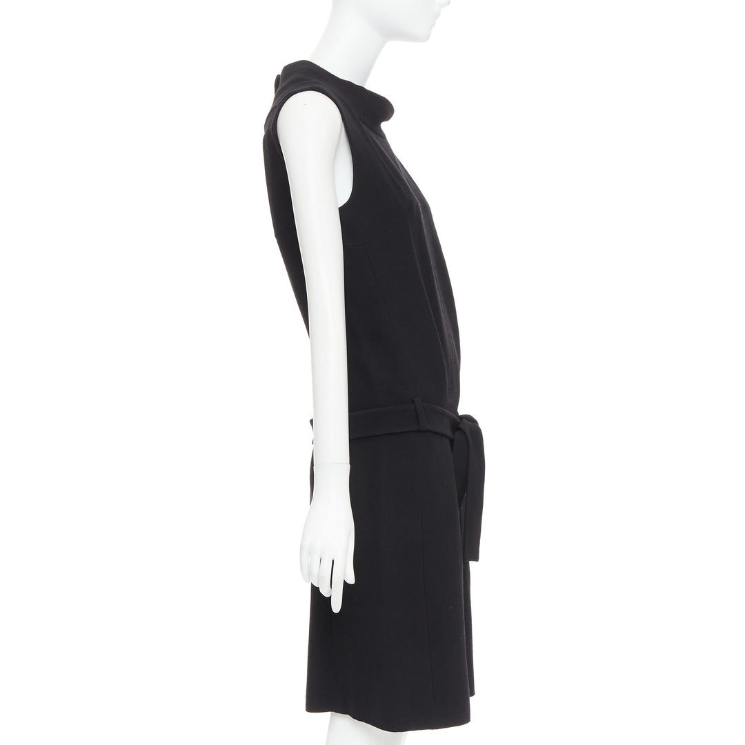 BALENCIAGA 2005 black wool blend drop waist panelled belted dress FR40 S