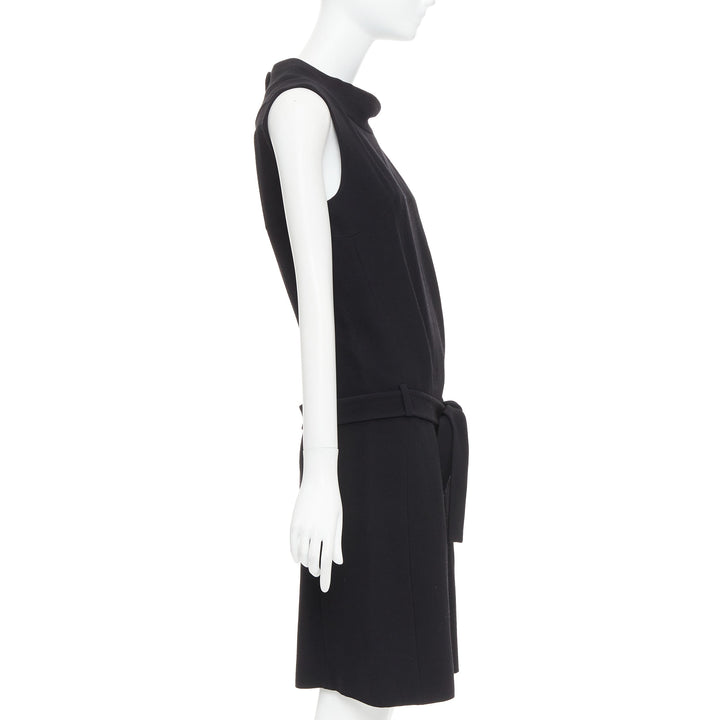 BALENCIAGA 2005 black wool blend drop waist panelled belted dress FR40 S