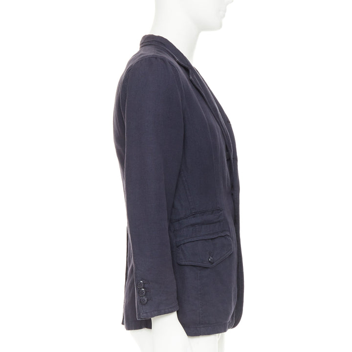 GIORGIO ARMANI navy linen cotton pique flap pockets relaxed blazer IT46 S