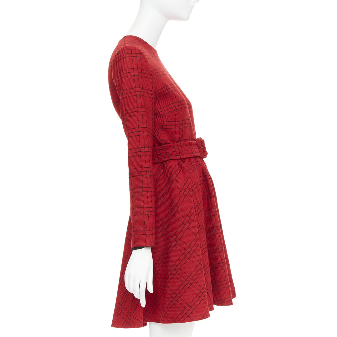 CHRISTIAN DIOR 2018 red plaid check virgin wool belted A-line dress FR36 S