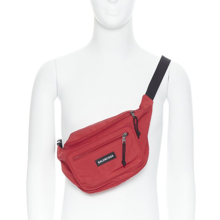 BALENCIAGA DEMNA red logo dual pocket nylon black waist belt crossbody bag