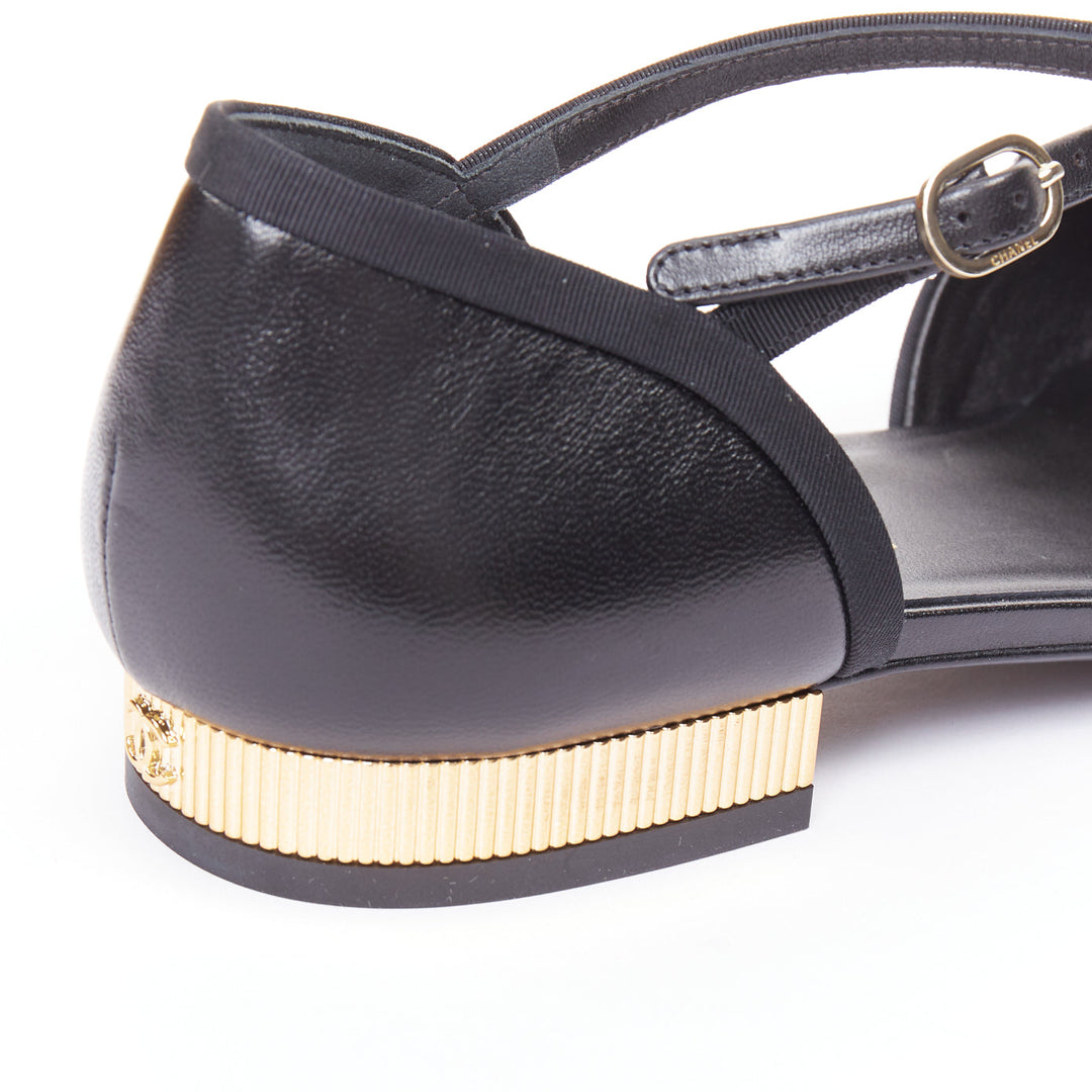 CHANEL 20C black leather grosgrain cap toe gold CC heel mary jane flats EU40