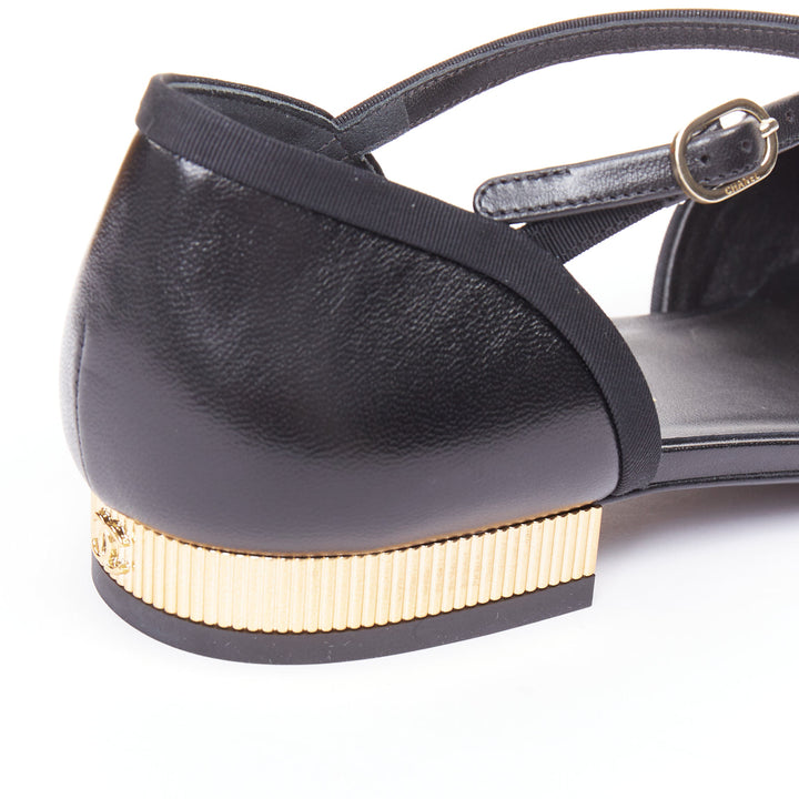 CHANEL 20C black leather grosgrain cap toe gold CC heel mary jane flats EU40