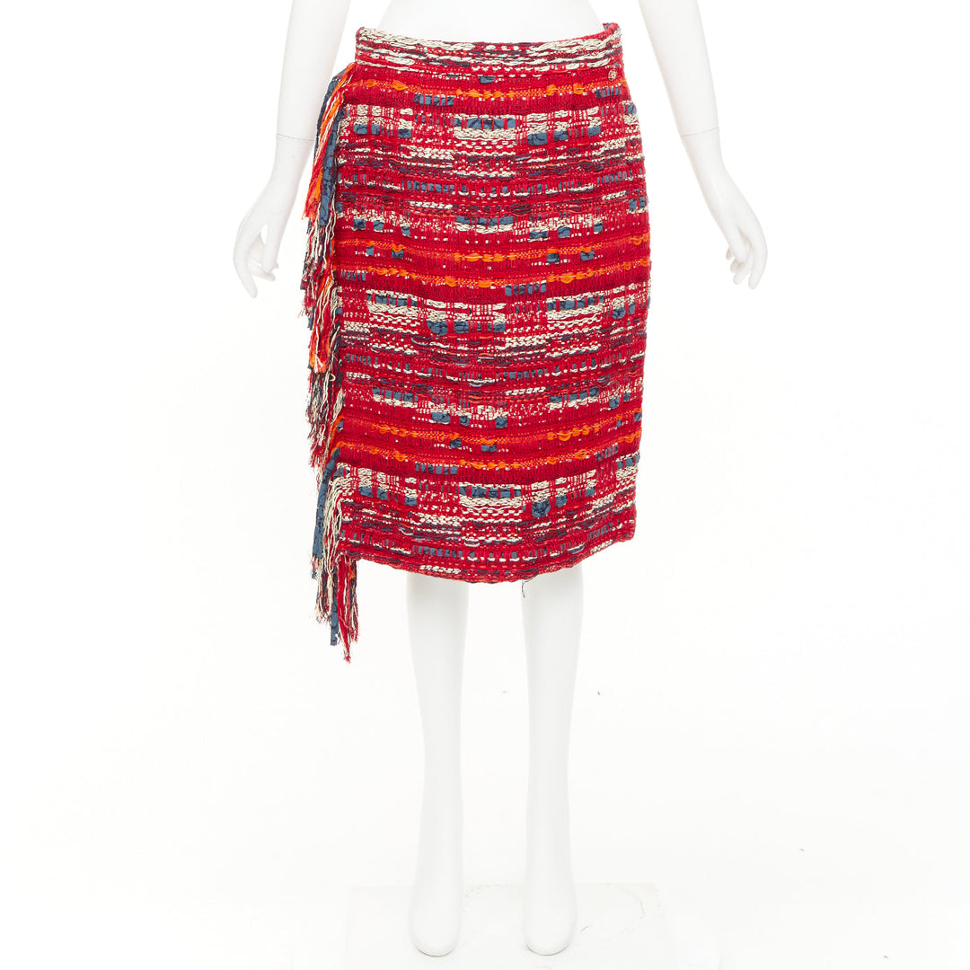CHANEL 2013 Paris Dallas red multicolor cotton tweed fringe wrap skirt FR40 L