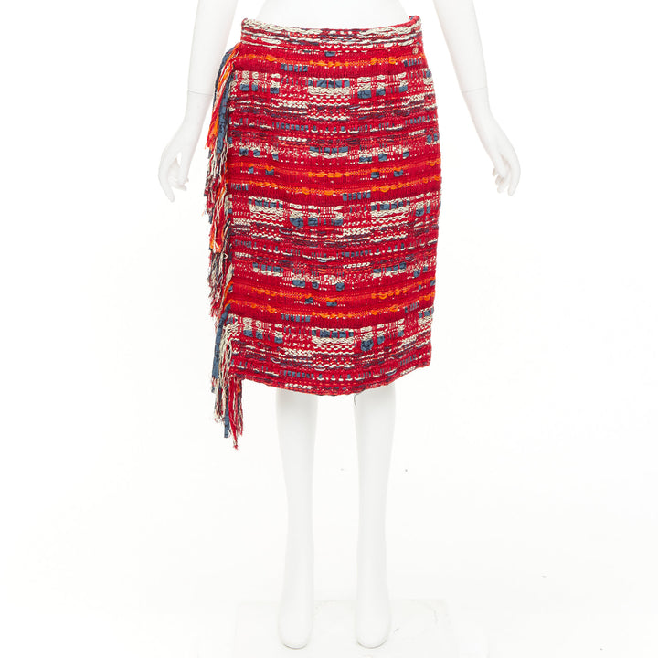 CHANEL 2013 Paris Dallas red multicolor cotton tweed fringe wrap skirt FR40 L