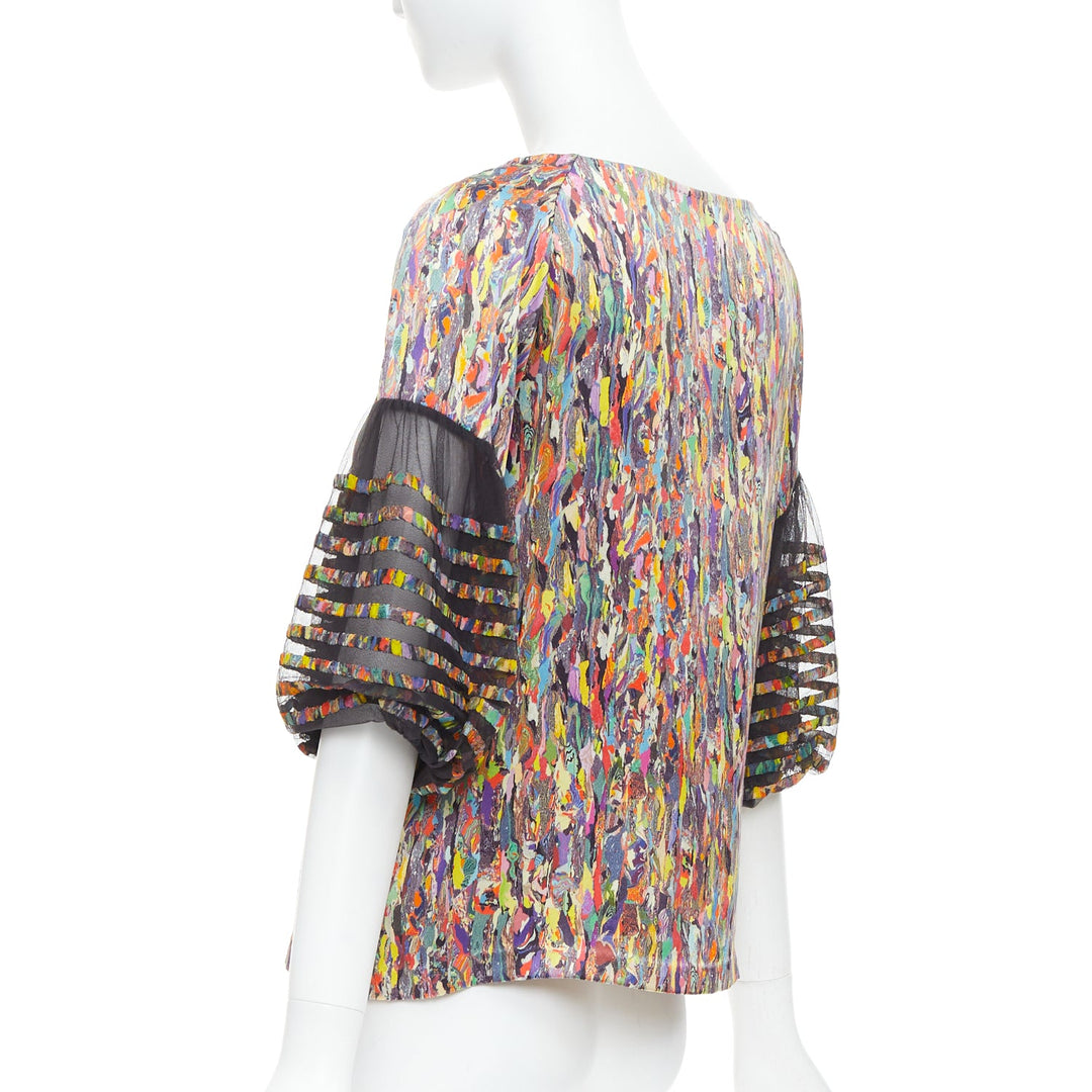 DRIES VAN NOTEN multicolor watercolor print sheer flared sleeve top FR40 L