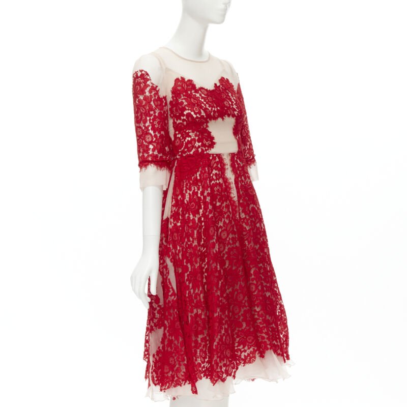 DOLCE GABBANA red lace panel pink sheer silk fit flared cocktail dress IT36 XS