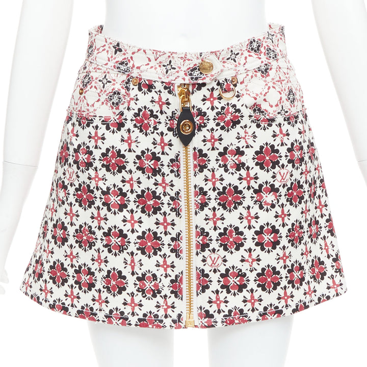 LOUIS VUITTON 2023 Vintage Monogram red cream floral denim zip skirt FR34 XS