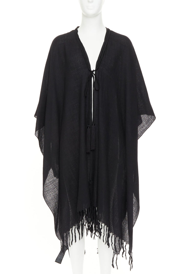 SAINT LAURENT 2016 Runway Hedi Slimane black wool fringed tassel tie cape poncho