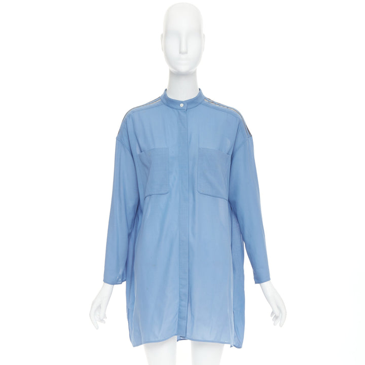 HERMES blue virgin wool band collar rolled tab sleeves tunic shirt dress FR36 S