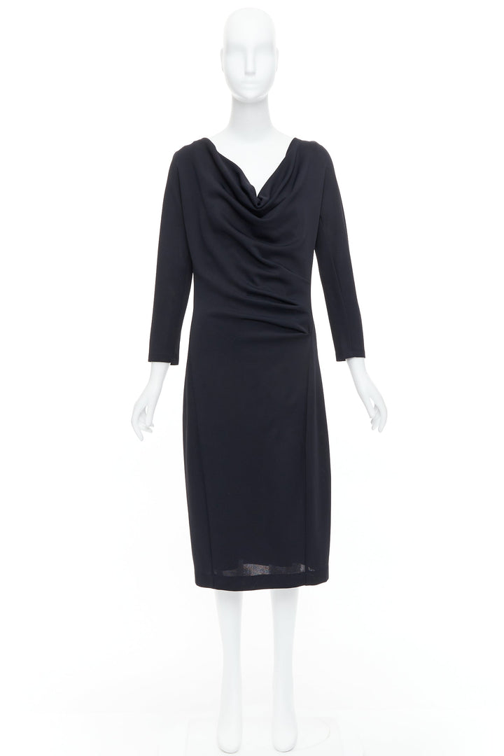 DONNA KARAN black draped cowl neck long sleeve midi dress L