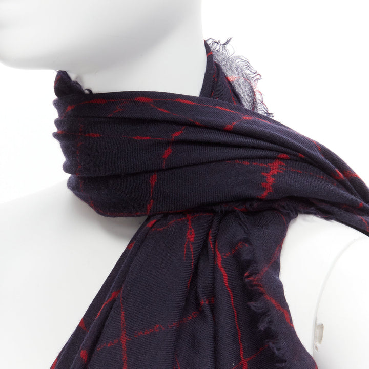 CHANEL black red CC logo diamond quilt print soft warm raw edge scarf