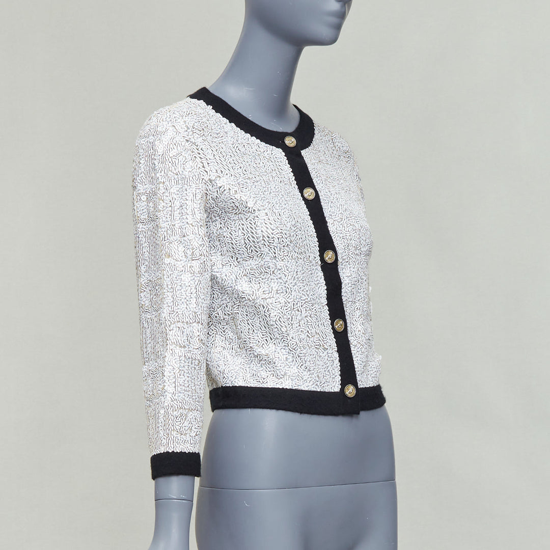 CHANEL 08P white printed sequins beige cashmere black trim cardigan FR34 XS