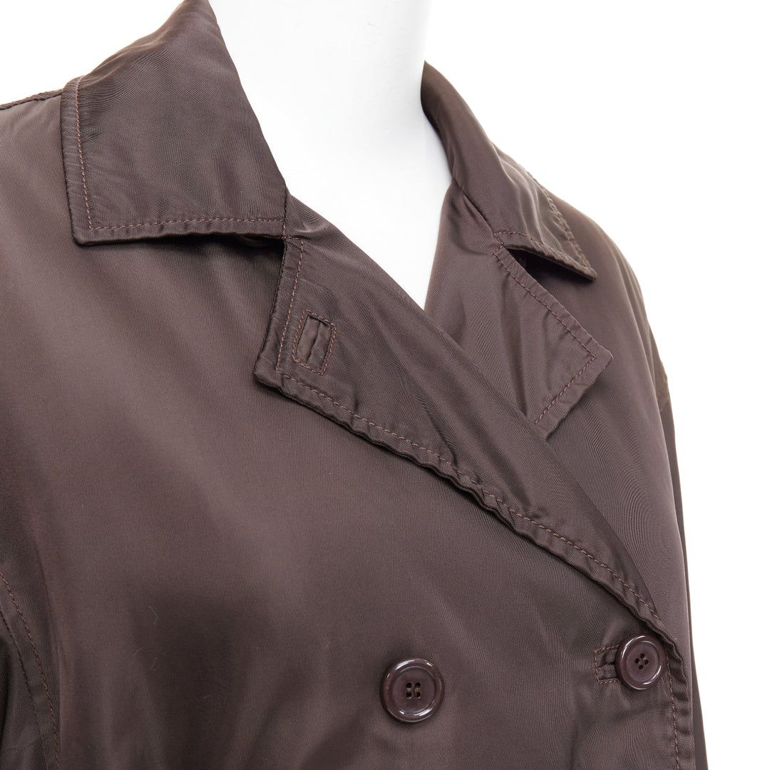 PRADA brown low sheen nylon double breasted short trench coat