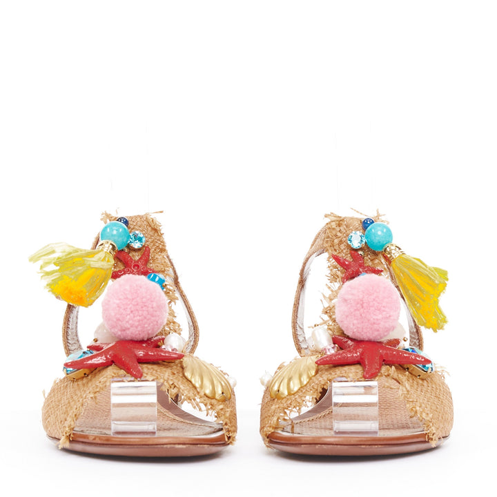 DOLCE GABBANA 2016 Runway beige raffia pom pom crystal starfish sandals EU37