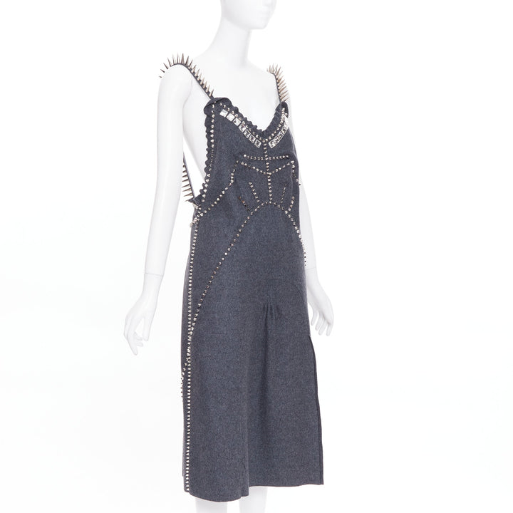 rare MIU MIU 2021 Runway grey wool crystal spikes stud punk slip dress IT38 XS