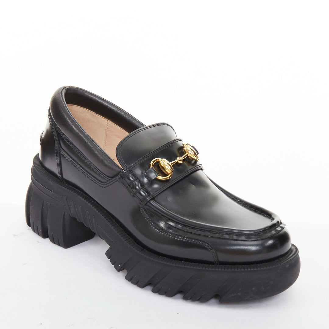 GUCCI Harald black leather chunky signature horsebit lug platform loafers EU37.5