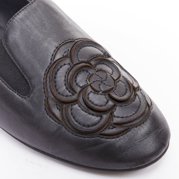 CHANEL black leather silver CC logo camellia flat loafer EU36.5