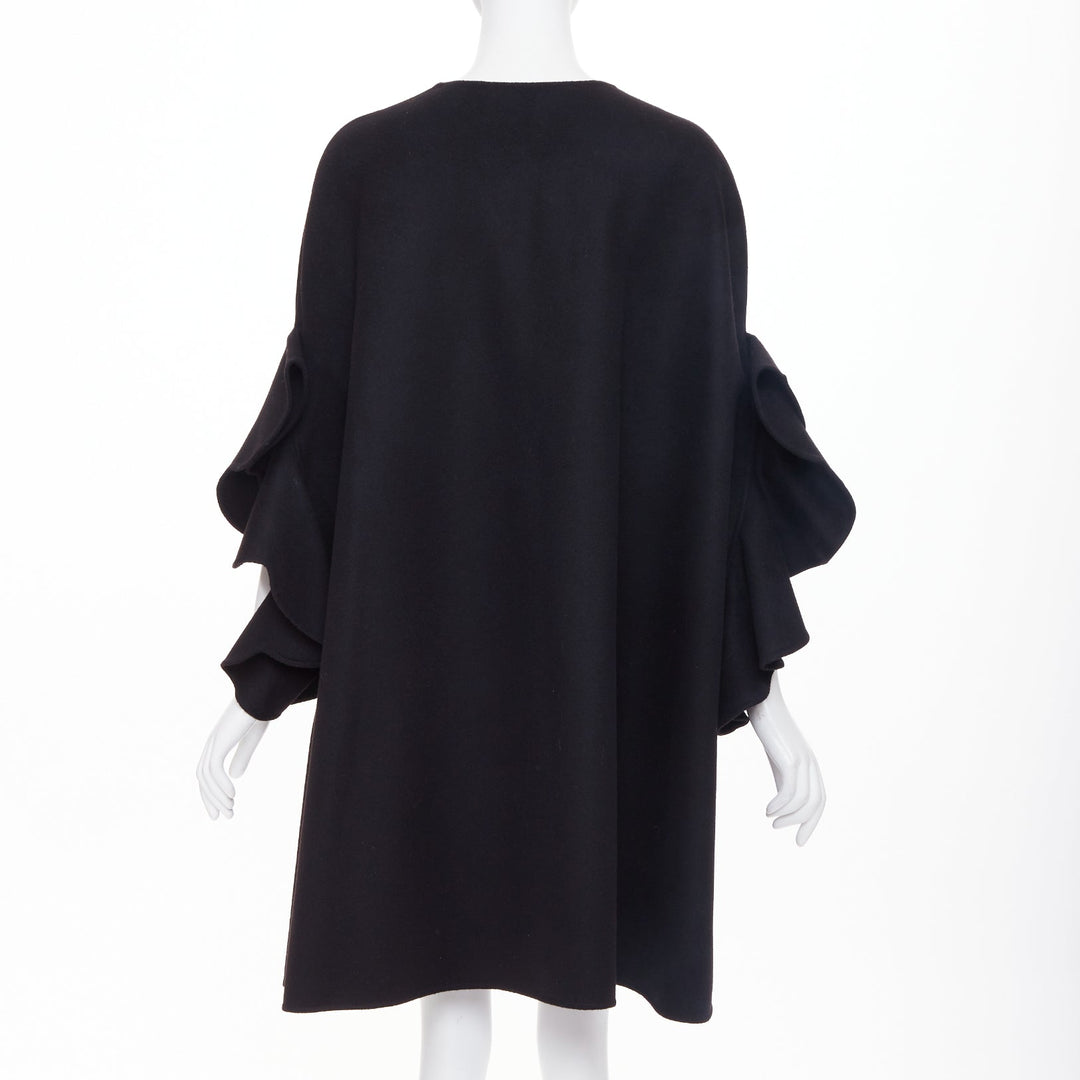 VALENTINO black virgin wool cashmere blend tiered ruffle sleeve overcoat IT46 XL