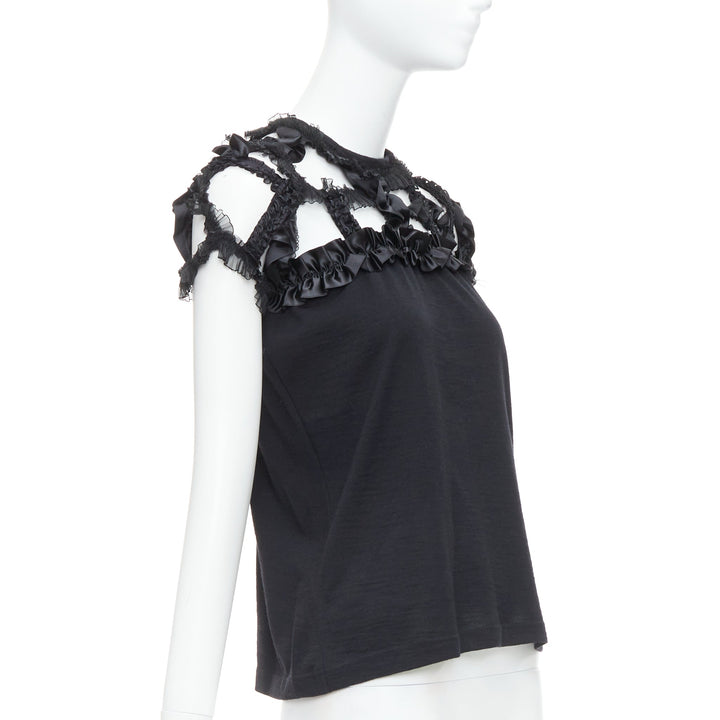 COMME DES GARCONS 2008 black wool ruffle cut out crew top S