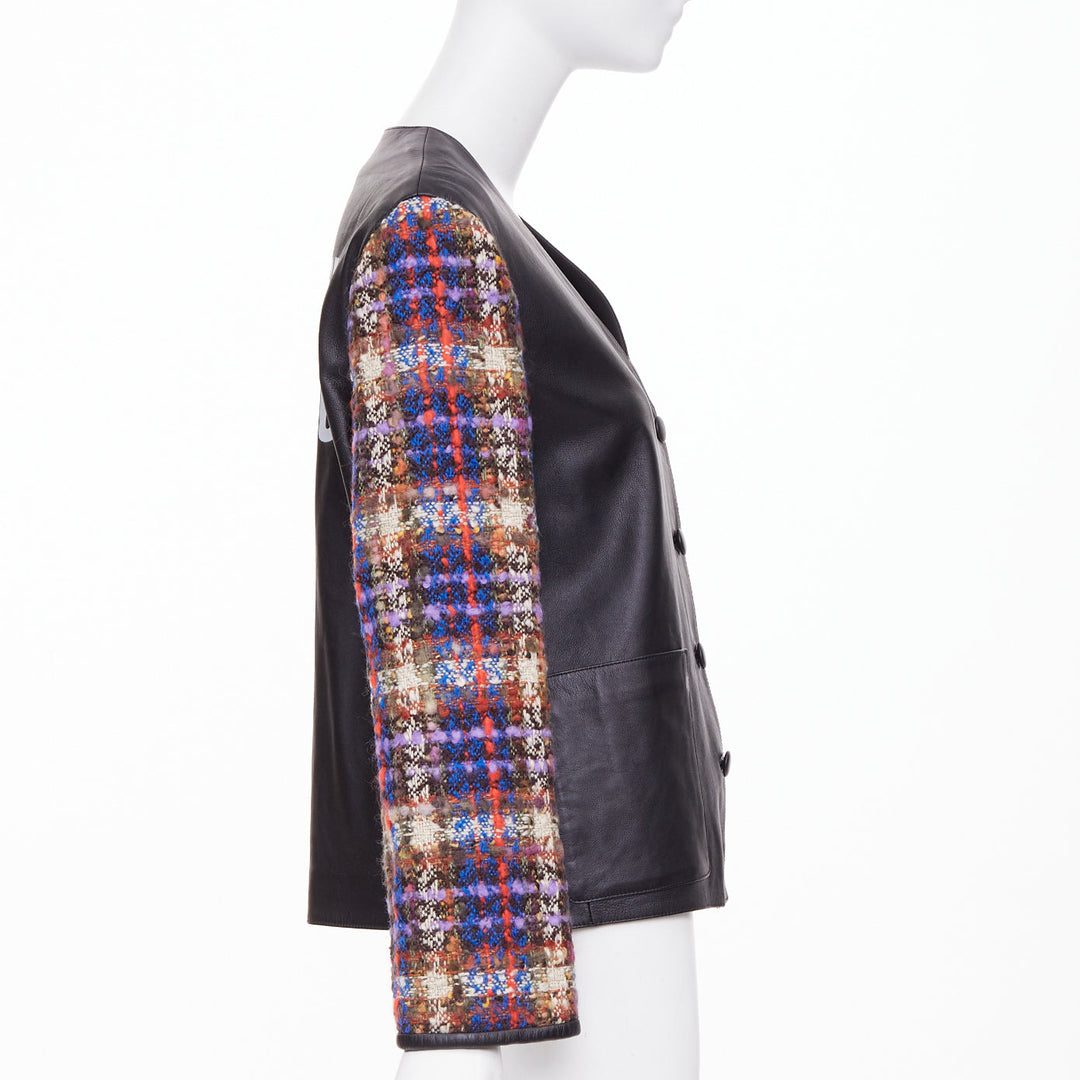GUCCI 2019 Interlocking G Patch lambskin multi plaid tweed sleeve jacket IT38 S