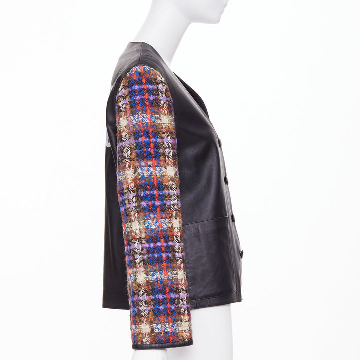 GUCCI 2019 Interlocking G Patch lambskin multi plaid tweed sleeve jacket IT38 S