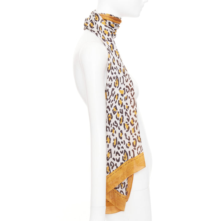 FENDI 100% silk brown leopard print logo border long rectangular scarf