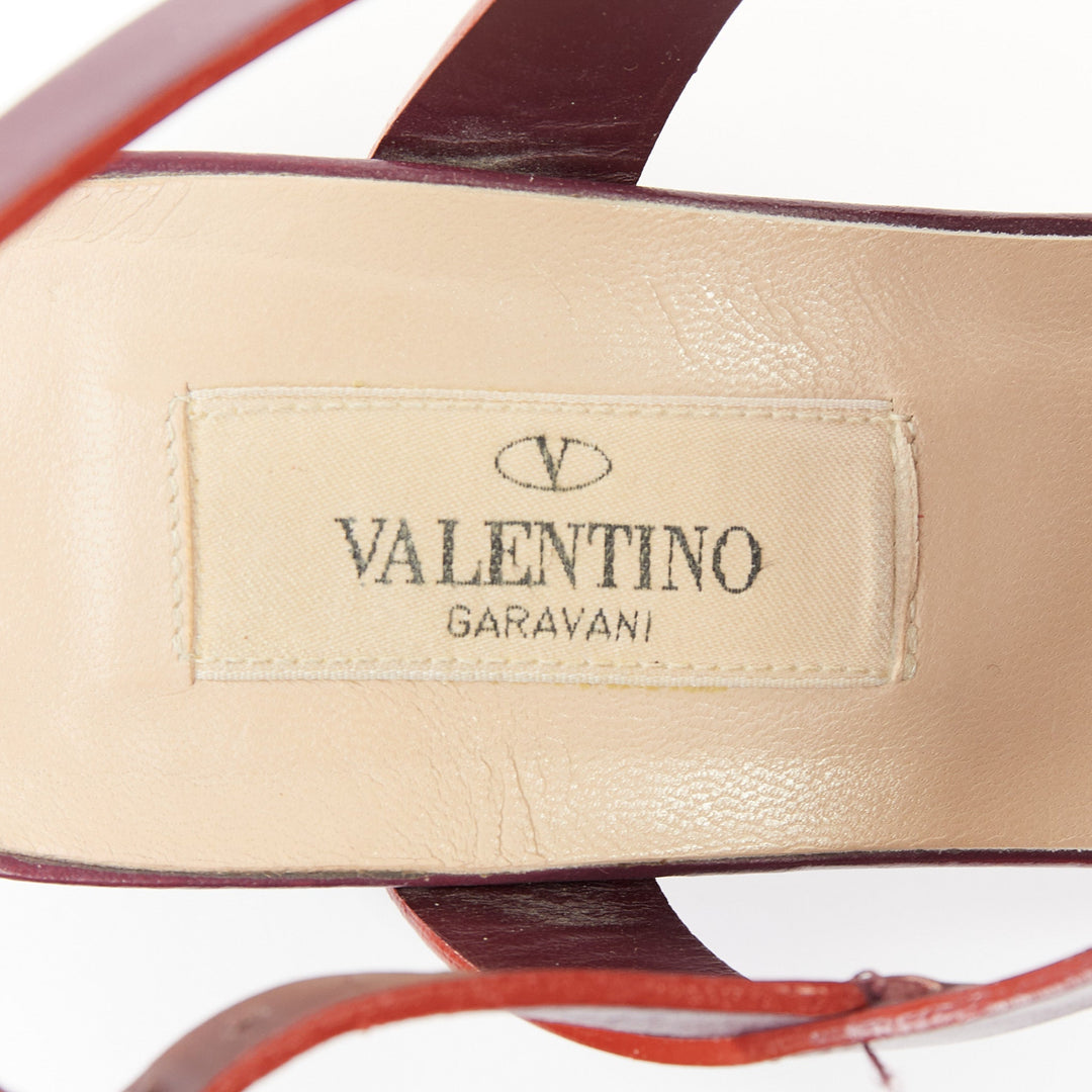 VALENTINO Rockstud dark red leather tstrap Roman Stud block heel sandals EU37.5