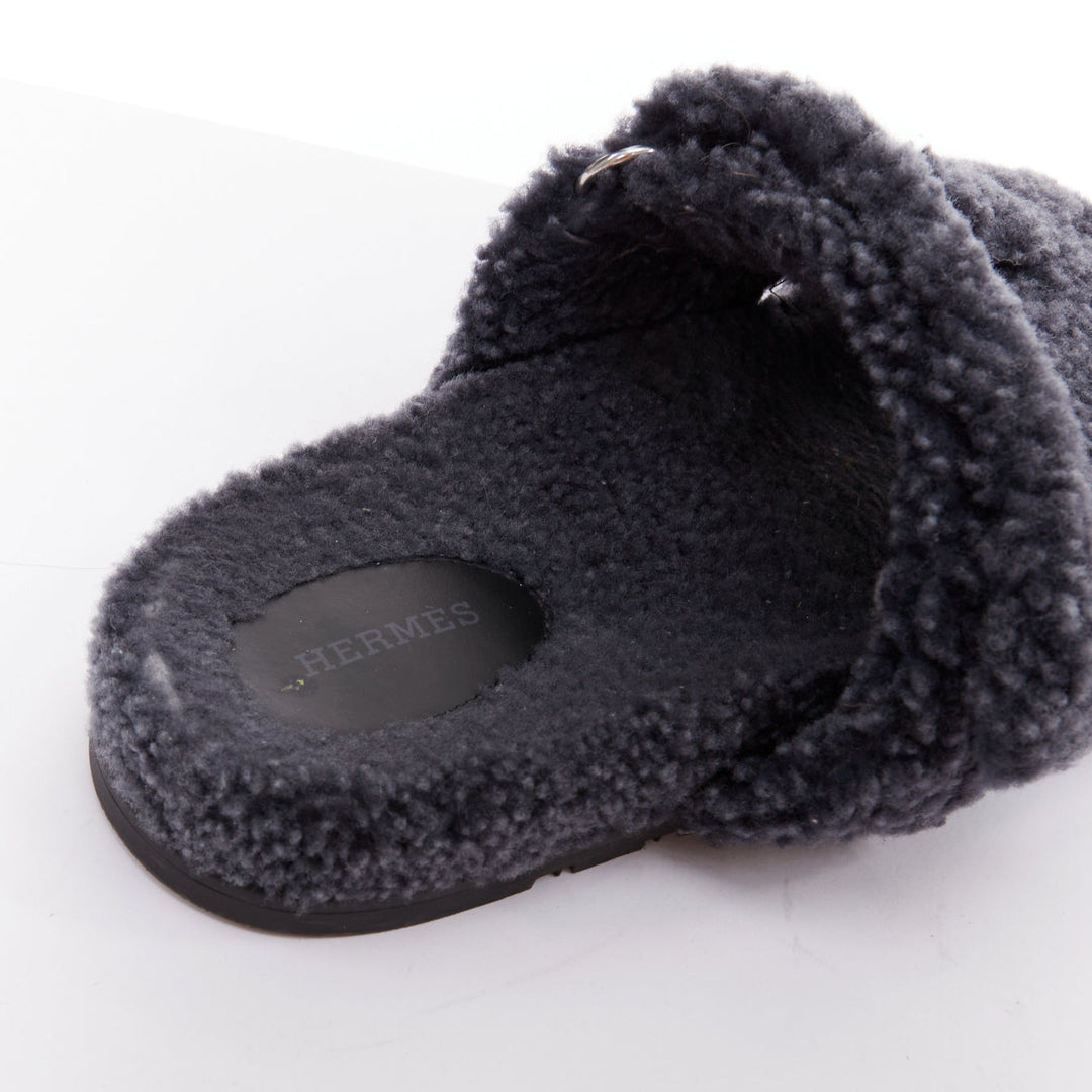 HERMES Chypre grey shearling H adjustable strap techno sandal EU41