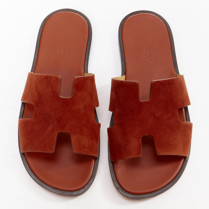 HERMES Izmir brown suede goatskin leather H cut out flat sandals EU41