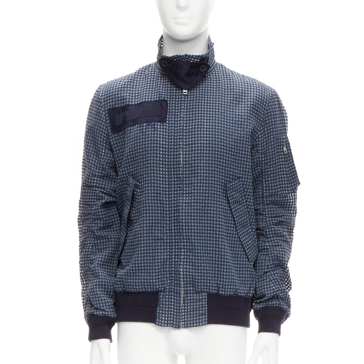 SACAI 2015 navy grey gingham cotton blend high neck bomber jacket JP3 L