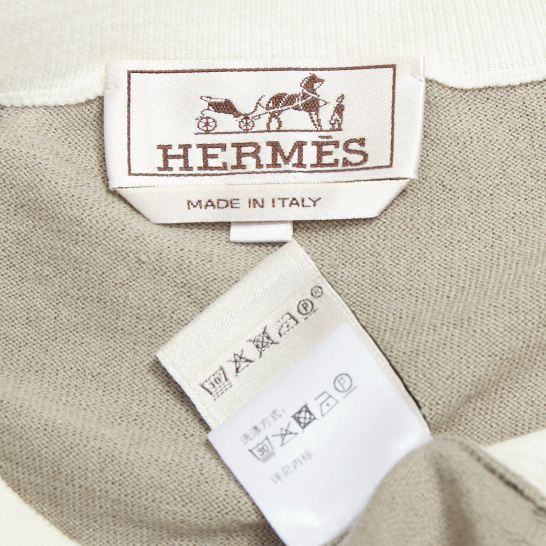 HERMES beige white cotton cashmere colorblocked crew sweater XL