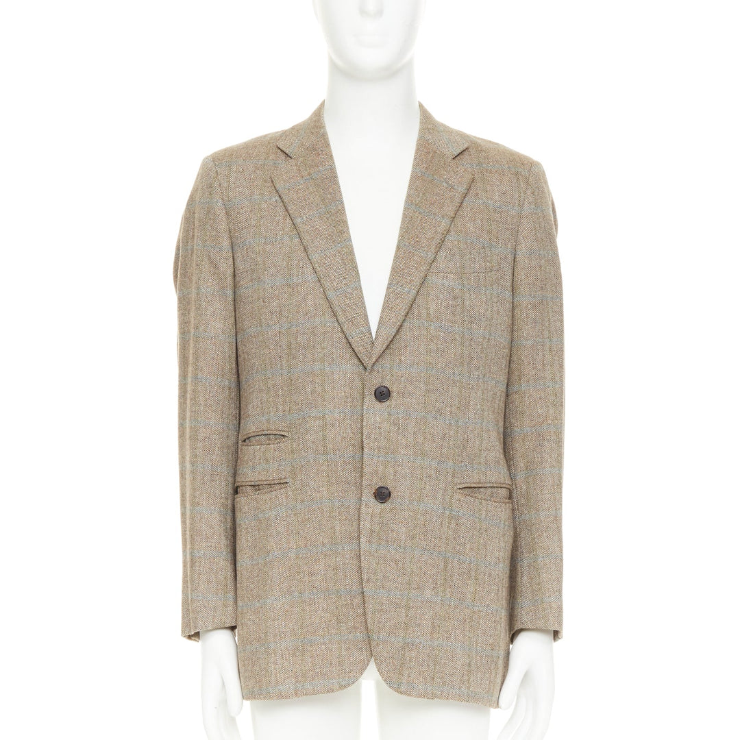 HERMES brown blue wool mohair cashmere checked full canvas blazer EU50 L