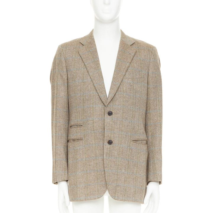 HERMES brown blue wool mohair cashmere checked full canvas blazer EU50 L