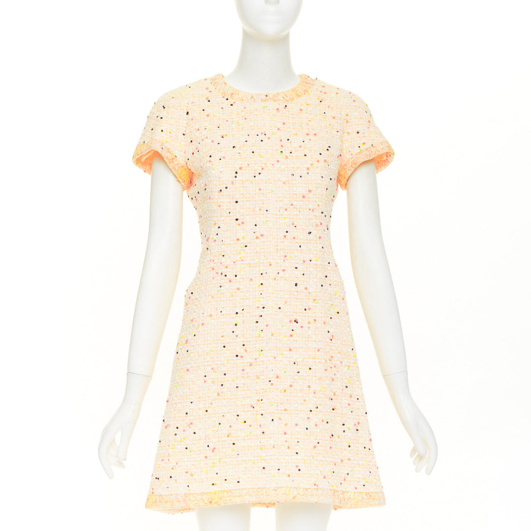 CHANEL 2019 Runway pastel peach multi color speckle tweed lace dress F – JHROP