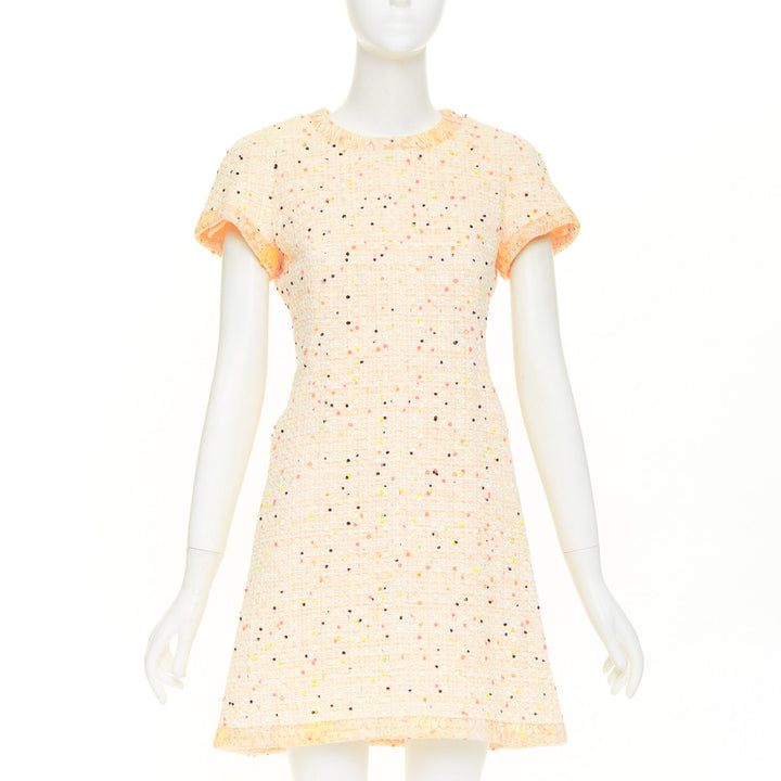 CHANEL 2019 Runway pastel peach multi color speckle tweed lace dress FR36 XS