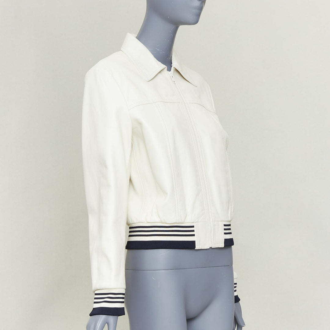 CELINE  cream textured lamb leather black striped ribbed cropped jacket FR38 M