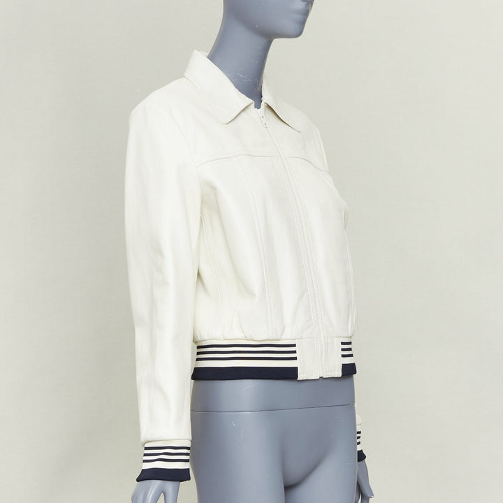 CELINE  cream textured lamb leather black striped ribbed cropped jacket FR38 M