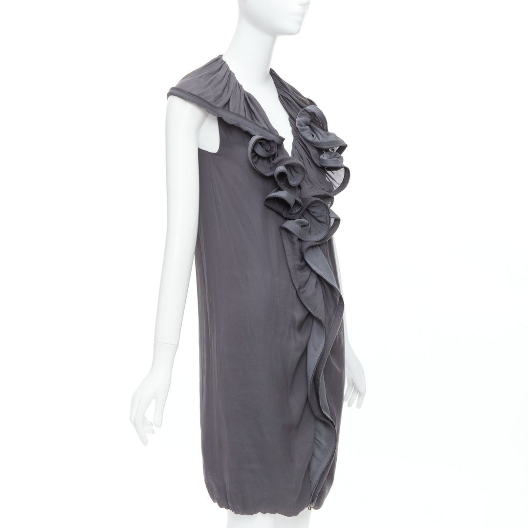 LANVIN 2008 grey silky trimmed ruffle collar V neck knee dress FR34 XS