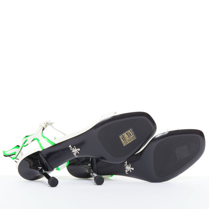 PRADA 2018 Hot Flame Acid Fire white green patent leather mid heel sandal EU37