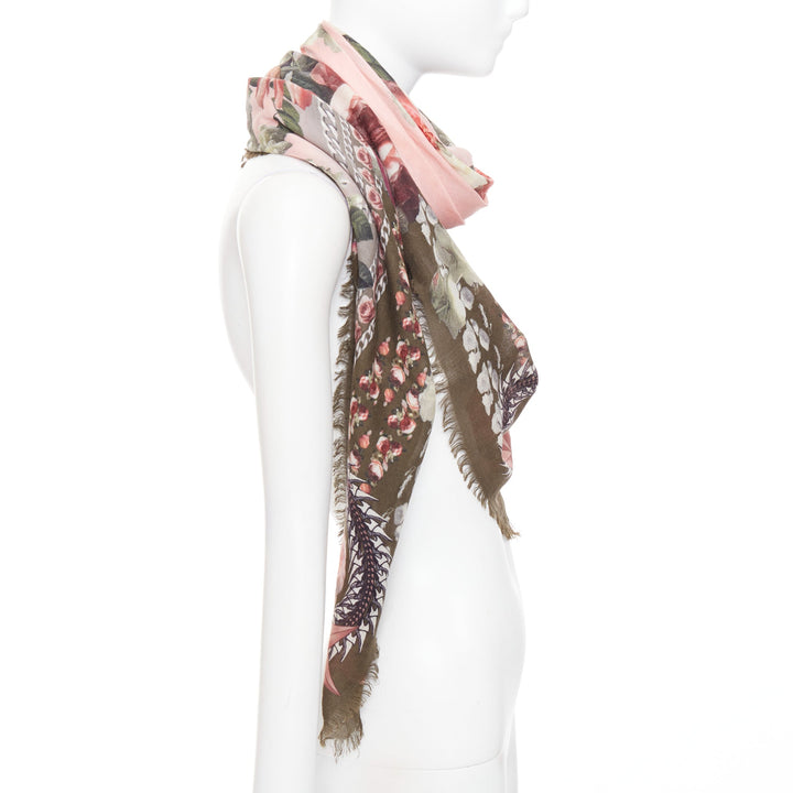 GIVENCHY Riccardo Tisci pink olive green wool silk rose print fringed trim scarf